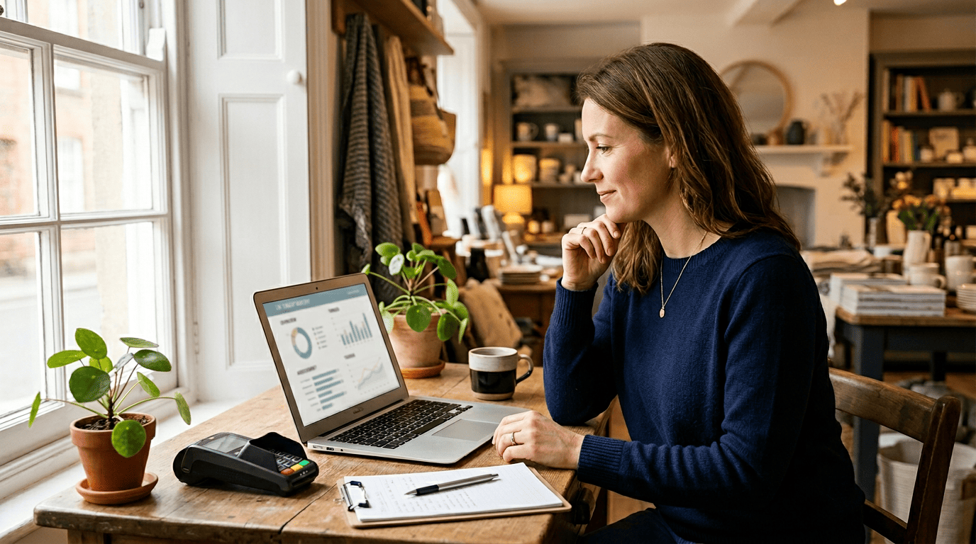 UK business owner with documents and laptop