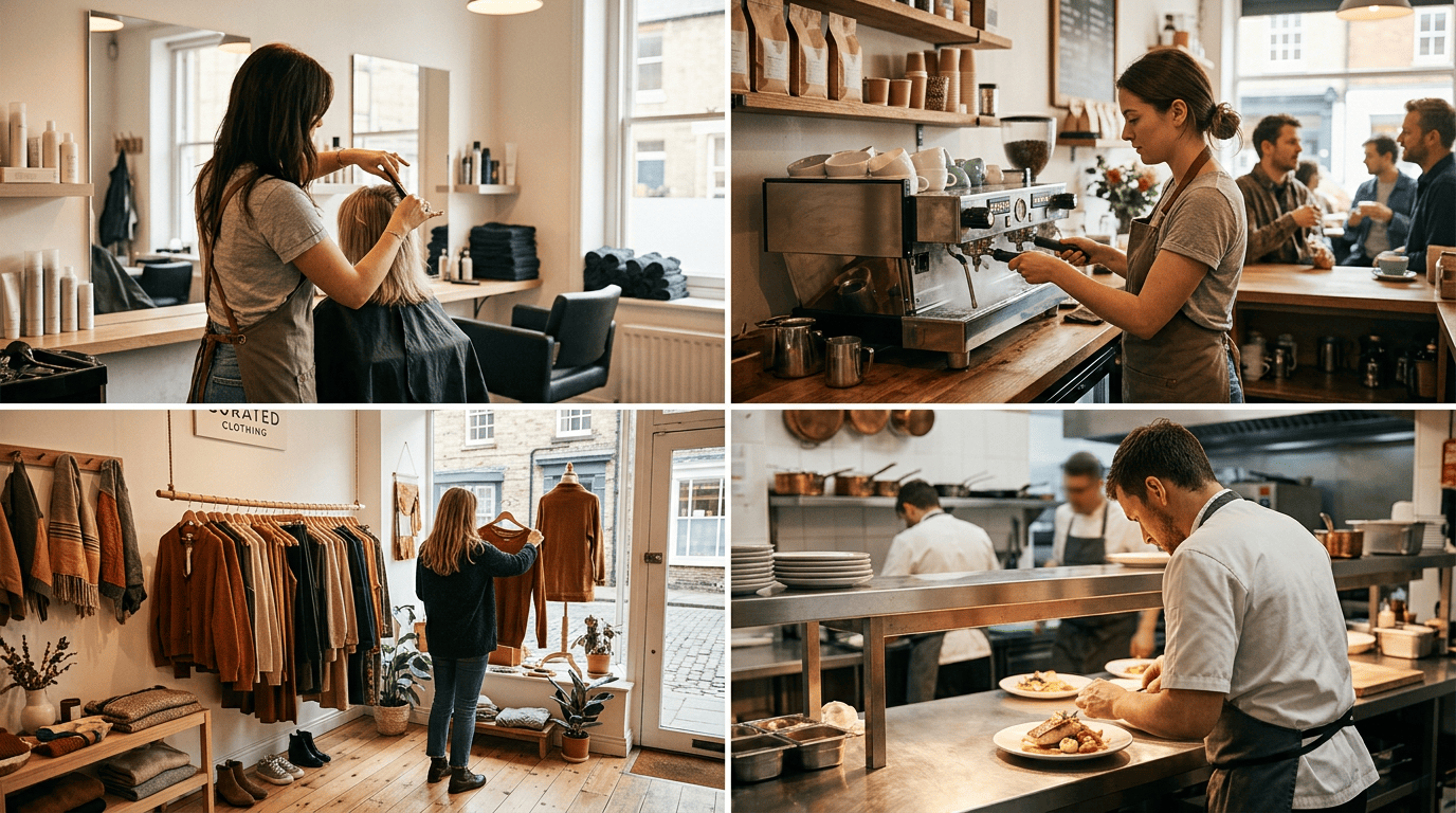 UK independent businesses: a salon, a coffee shop, a clothing boutique and a restaurant kitchen